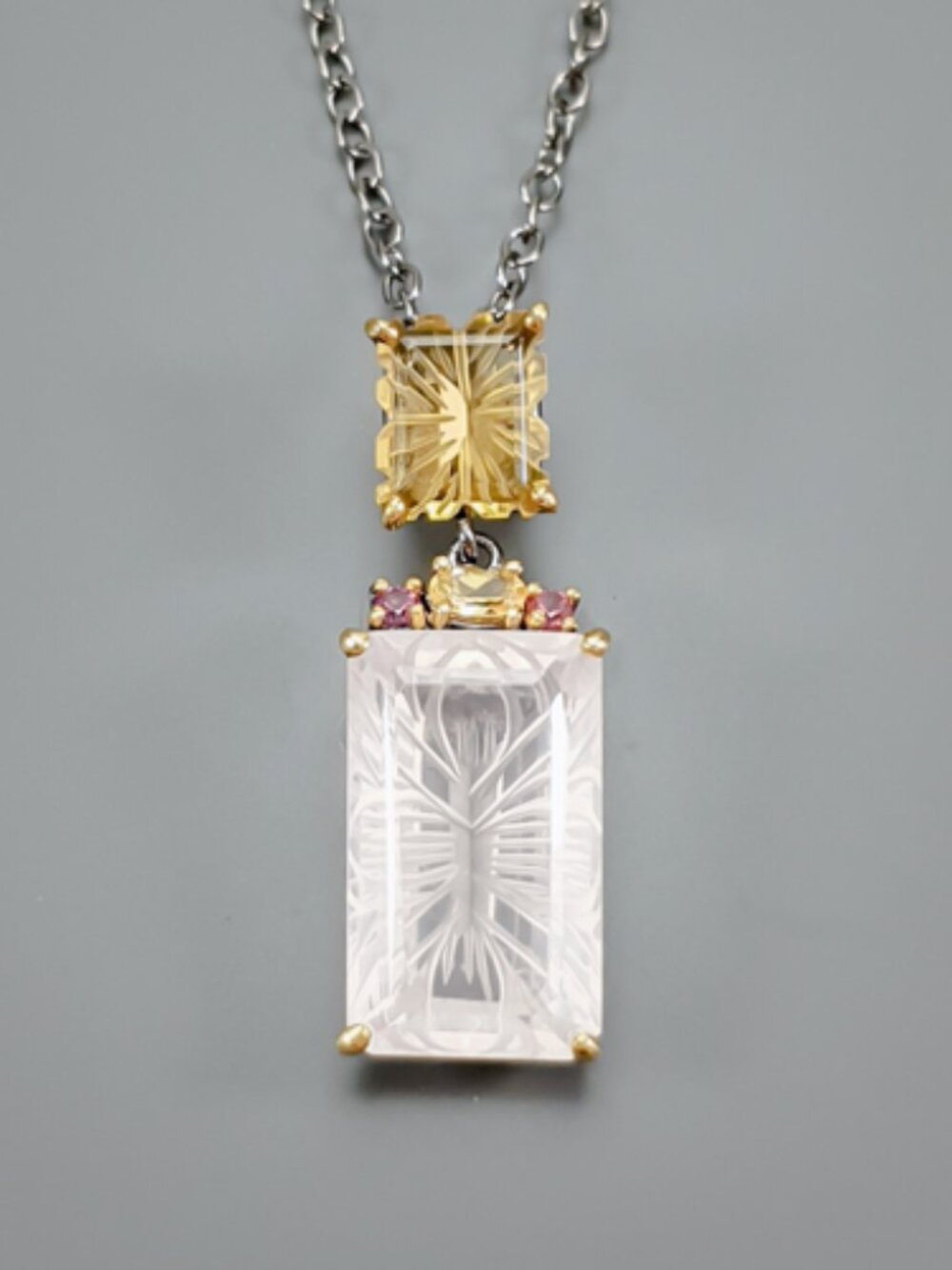 Necklace 40CT Natural Rose Quartz with Citrine and Rhodolite 925 18"